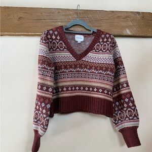 Pink Rose Rust Fair Isle V-Neck Sweater with Cream & Pink Stripes